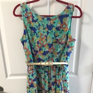 Teal Floral Lined Dress with Gold Belt